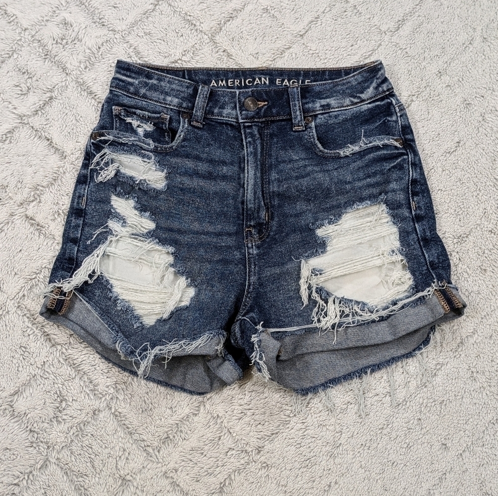 American Eagle Shorts Womens 2 Blue Dark Mom Denim Roll Cuffs Distressed Hi-Rise